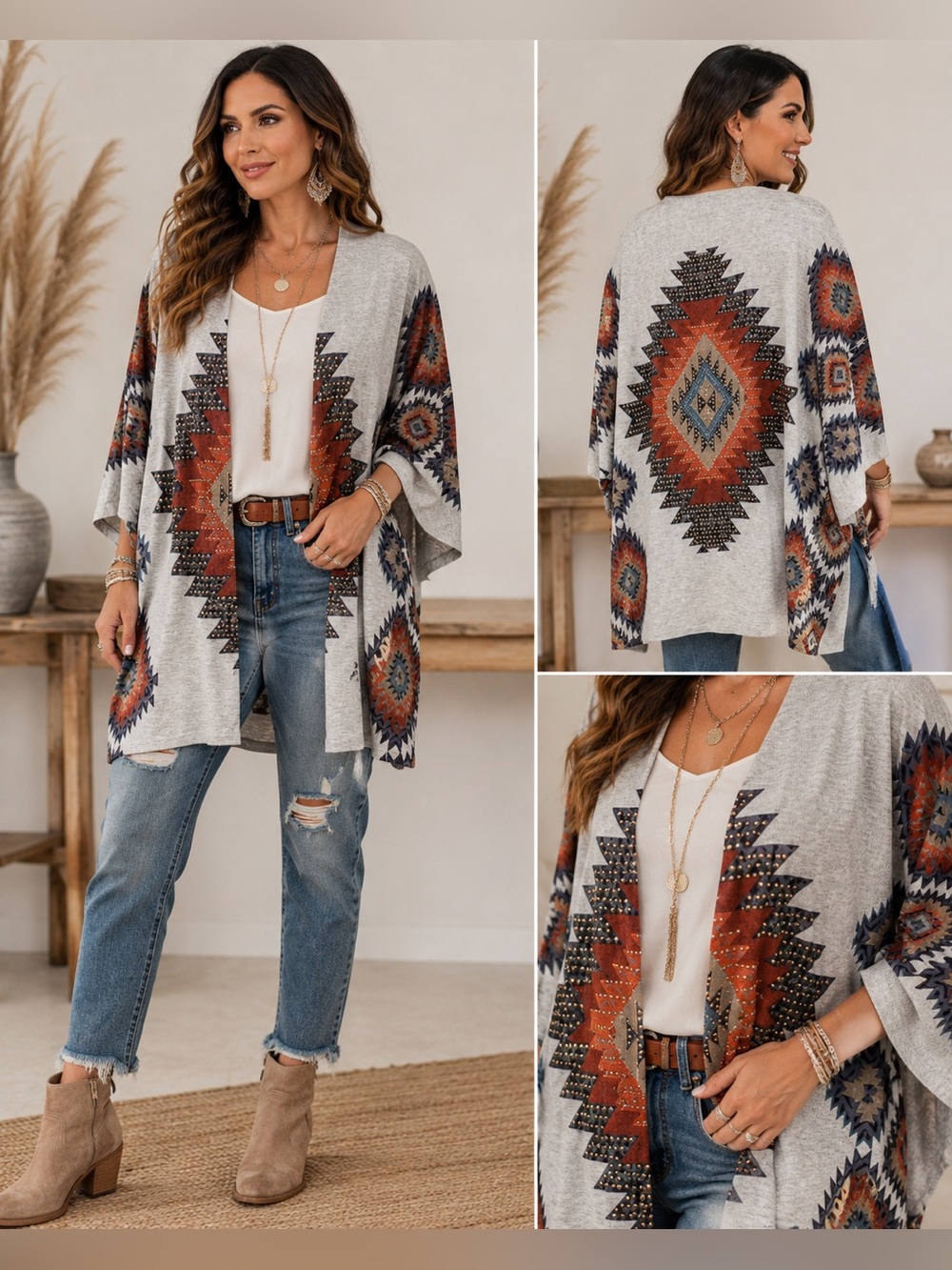 Vocal Aztec Rhinestone Open Front Boho Cardigan Gray Medium M Southwestern